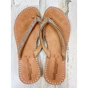 LaidbackLondon Women’s 8.5 Tan Seri Flat Silver Tribal Beaded Flip Flop Sandals